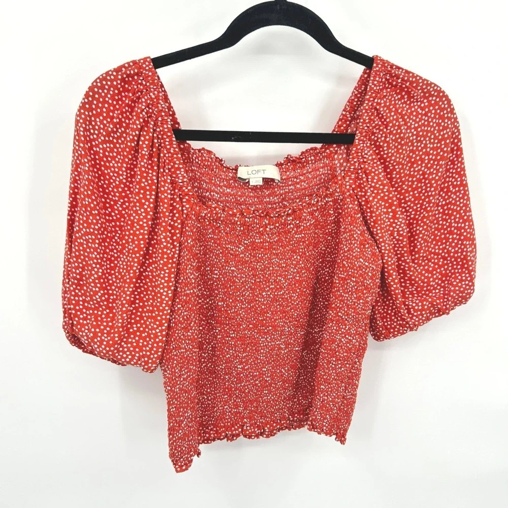 Coquette Smocked Puff Sleeve Top S Red‎ Polka Dot Square Neck Romantic Feminine